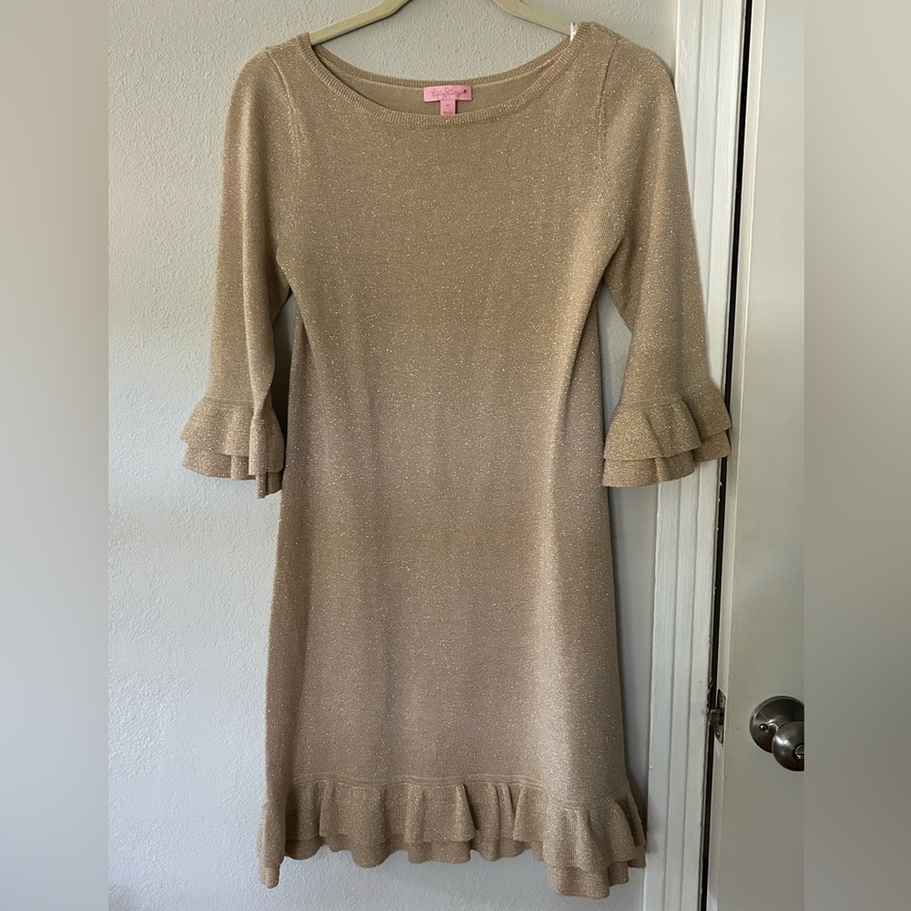 Lilly Pulitzer Helena dress gold metallic merino blend size medium